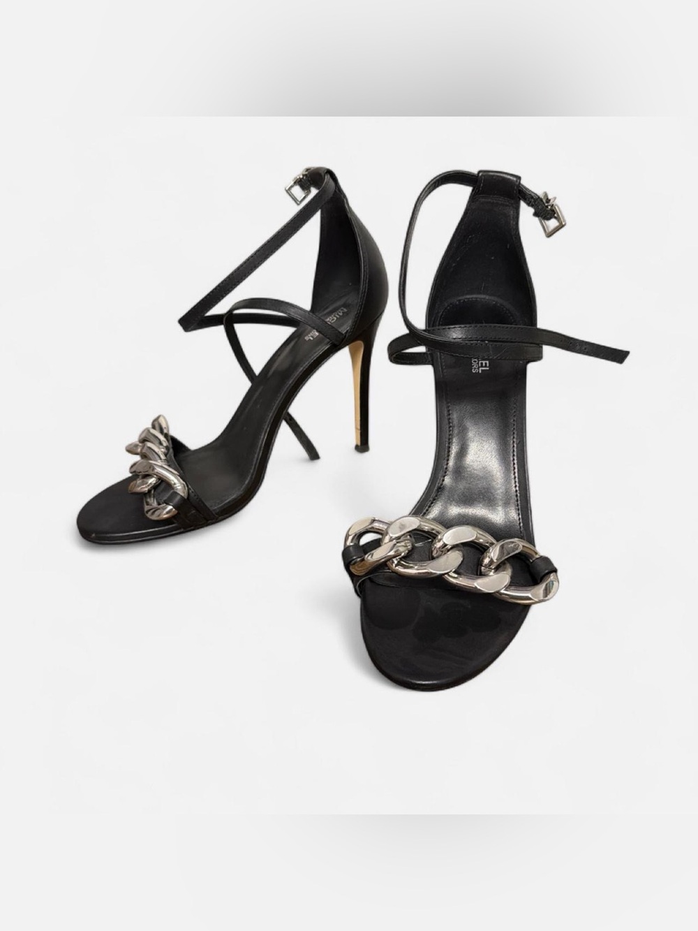 Michael Kors Black Leather Stiletto Sandals with Silver Chain